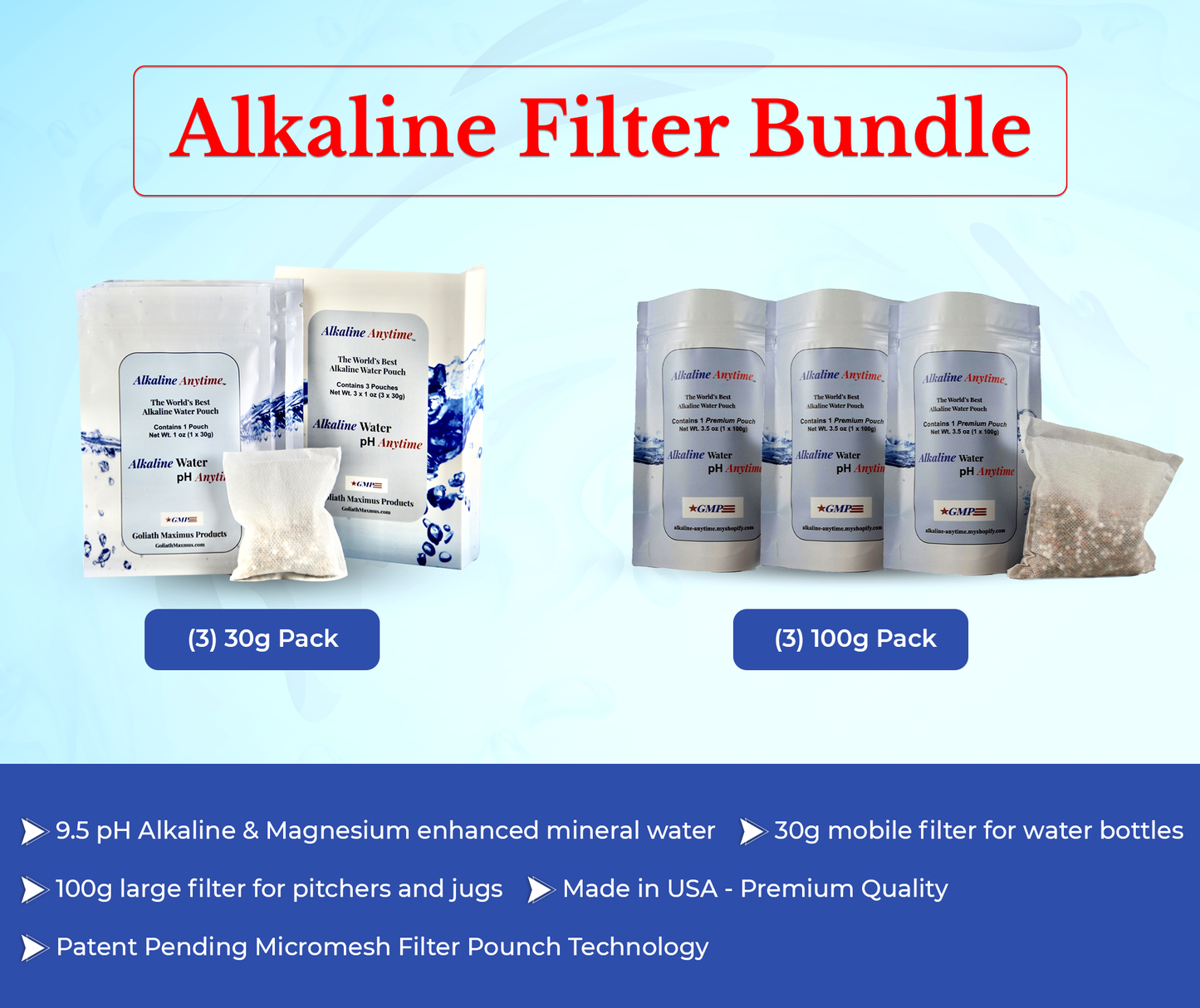 Alkaline Anytime Filter Bundle: Worlds Best Alkaline Water- 3 Pack of 30g and 3 Pack of 100g, Fit Any Container -9.5pH + Ionized Electrolytes